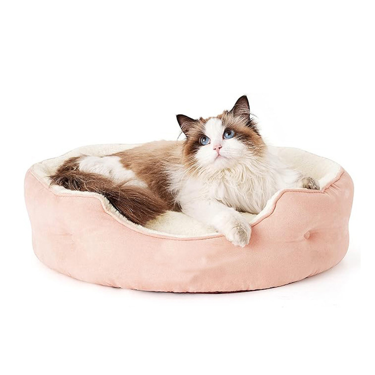 suppliers indestructible calming dog bed chew resistant round pink suede pet bed medium size cat snuggle bed with sheet