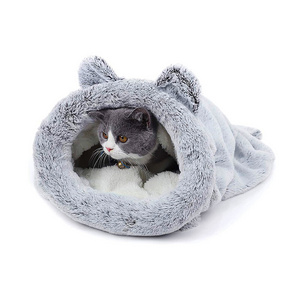 Factory Supply Cushion Kennel Cute Ears Design Fluffy Soft Warm Plush Semi-Closed Sleeping Bag Plush Cat Cave Hooded Bed