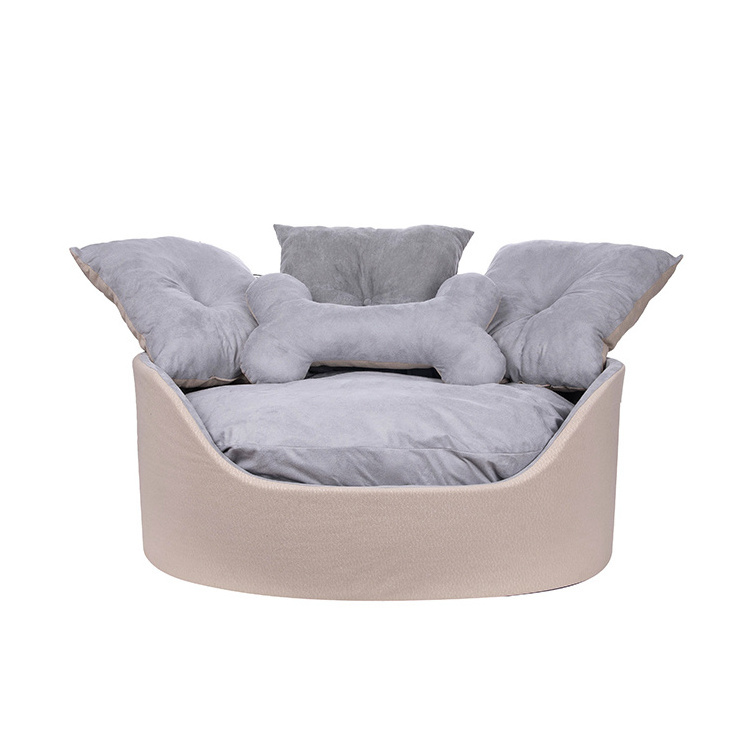 LOW MOQ custom top selling luxury dropshipping high quality soft pet products new arrival beige faux suede oval dog bed