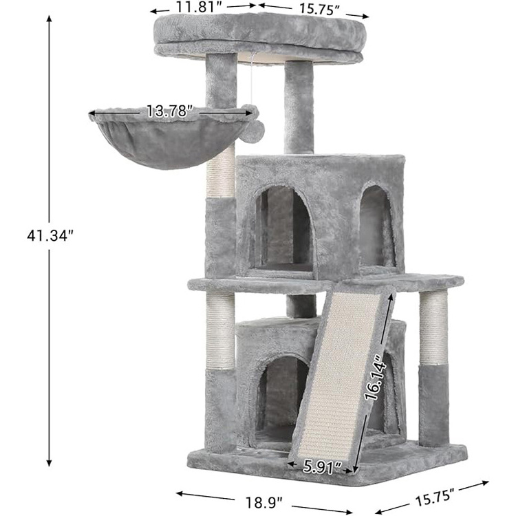 wholesale custom light grey plush large cat scratching post tree scratcher sisal pet bed play condo luxury cat tree tower