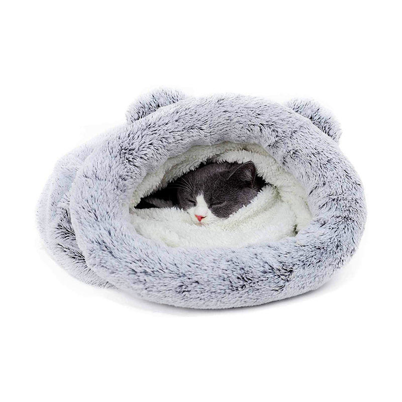 Factory Supply Cushion Kennel Cute Ears Design Fluffy Soft Warm Plush Semi-Closed Sleeping Bag Plush Cat Cave Hooded Bed