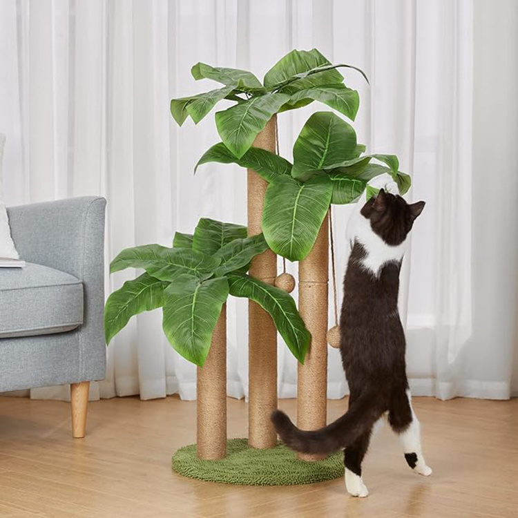 wholesale custom brown rattan cat scratching post real tree scratcher sisal pet house play condo luxury cat tree with leaves