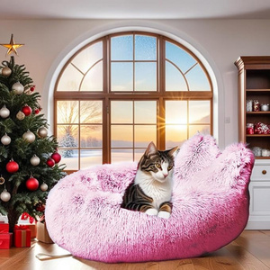 wholesale new luxury comfort cozy plush pink cute ears calming pet beds cushion nest round donut pet bed anti anxiety for cat