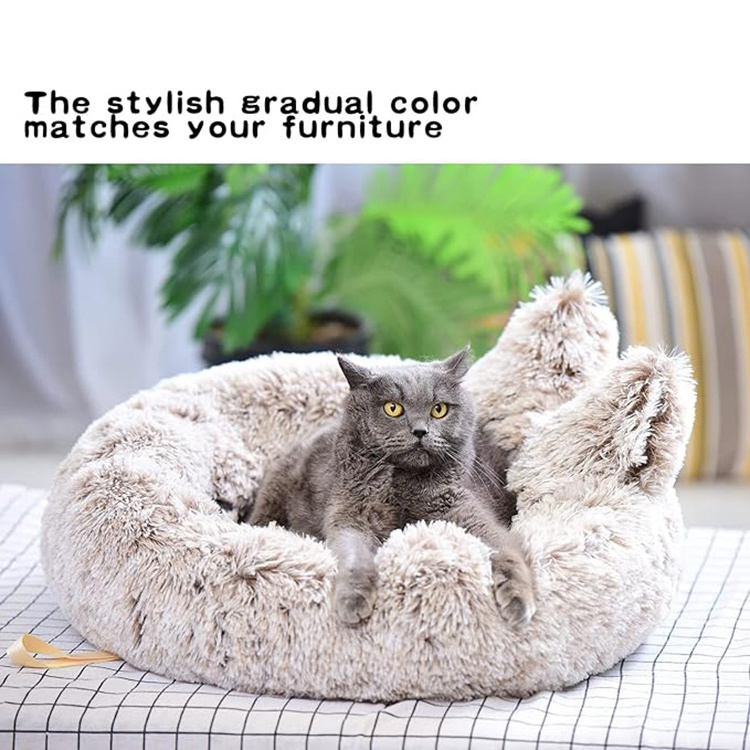 suppliers custom high quality soft fluffy donut cat bed plush brown white pet cushion round washable cat dog bed