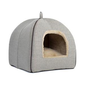 wholesale custom high quality foldable cozy cocoon burrow dog cave beds fashion grey hooded pet dog house bed with cushion