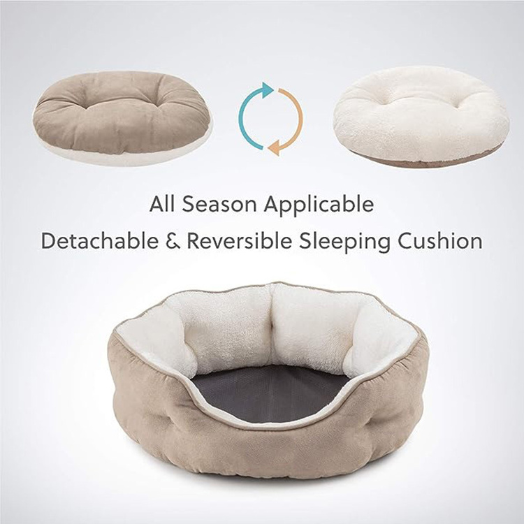 factory custom luxury soft comfortable khaki suede cat and dog bed washable round pet bed with removable pet cushion for puppy