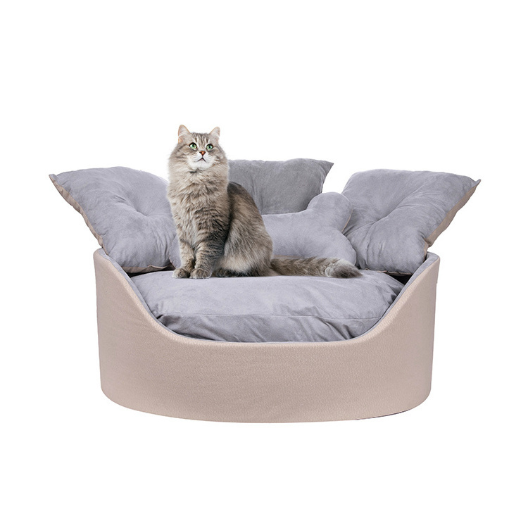 LOW MOQ custom top selling luxury dropshipping high quality soft pet products new arrival beige faux suede oval dog bed