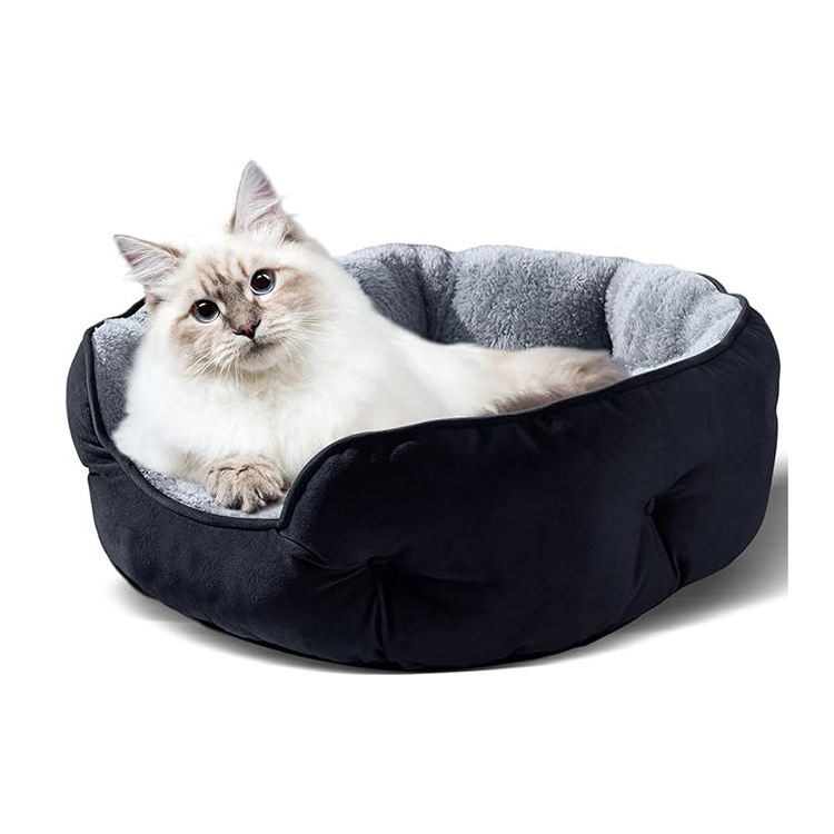 LOW MOQ custom top selling luxury dropshipping high quality popular black soft plush round pet products new arrival dog bed