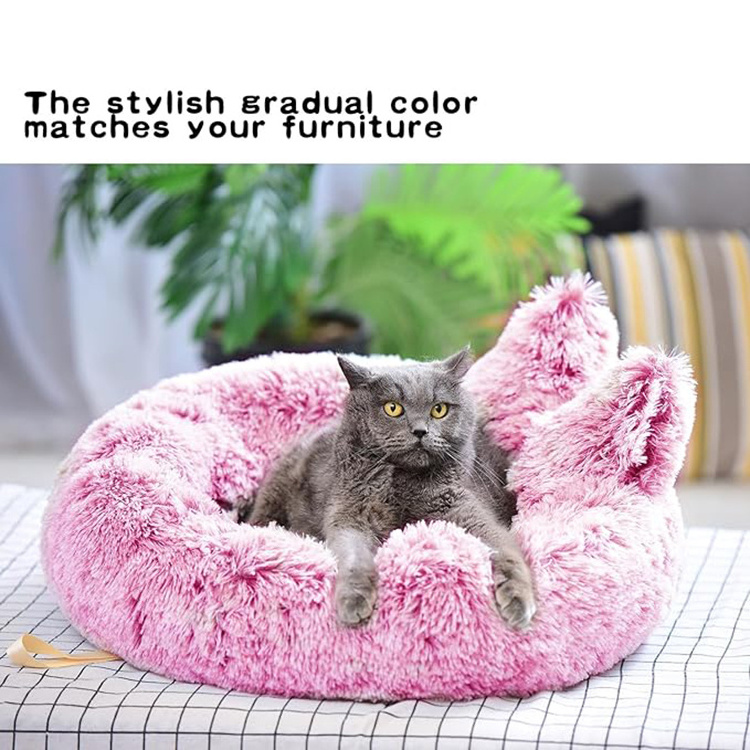 wholesale new luxury comfort cozy plush pink cute ears calming pet beds cushion nest round donut pet bed anti anxiety for cat