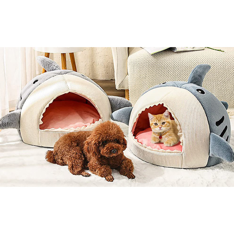 wholesale eco friendly comfortable cute fancy luxury calming blue shark shaped plush pet large bed washable dog cat cushion