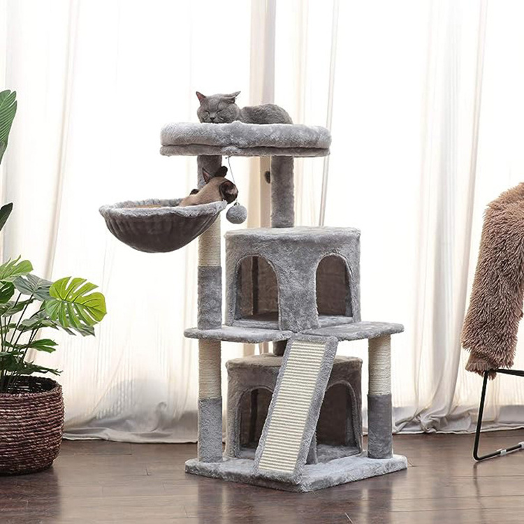 wholesale custom light grey plush large cat scratching post tree scratcher sisal pet bed play condo luxury cat tree tower