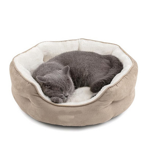 factory custom luxury soft comfortable khaki suede cat and dog bed washable round pet bed with removable pet cushion for puppy