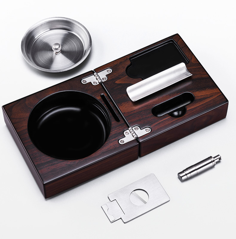 Folding Wooden Cigar Ashtray with Cigar Cutter & punch