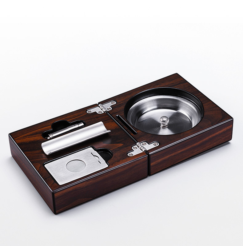 Folding Wooden Cigar Ashtray with Cigar Cutter & punch