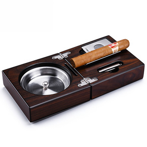 Folding Wooden Cigar Ashtray with Cigar Cutter & punch