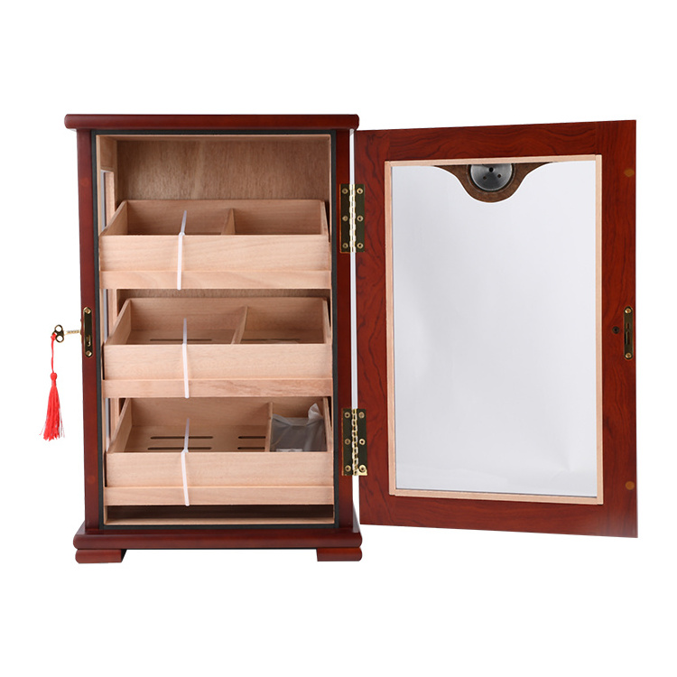 Modern top tempered glass desktop cabinet wooden cigar humidor box with humidity system