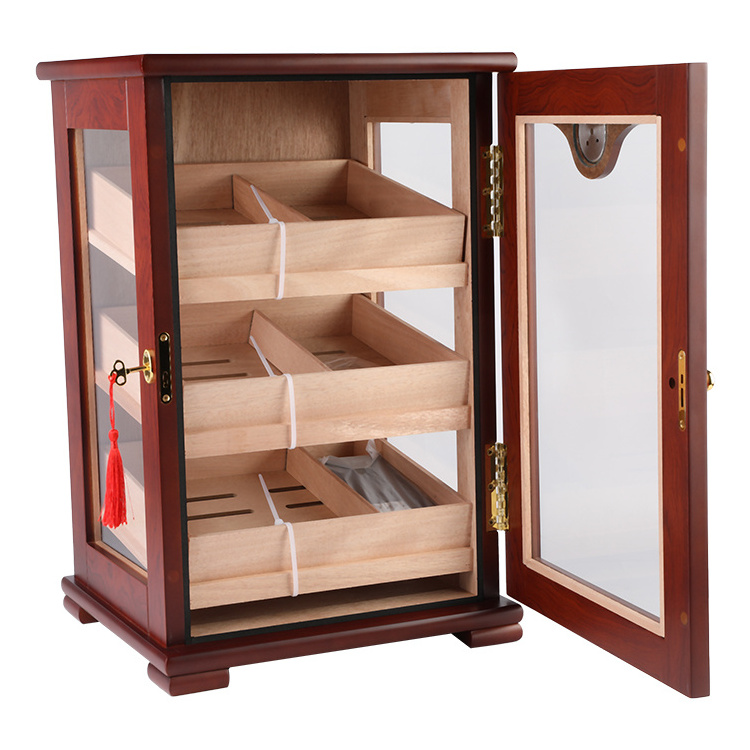 Modern top tempered glass desktop cabinet wooden cigar humidor box with humidity system