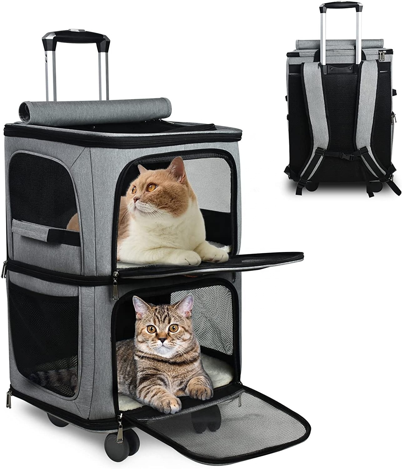 Compartment Pet Dog Rolling Carrier Backpack with Wheels Cat Carrier for 2 Cats