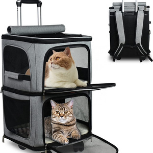 Compartment Pet Dog Rolling Carrier Backpack with Wheels Cat Carrier for 2 Cats