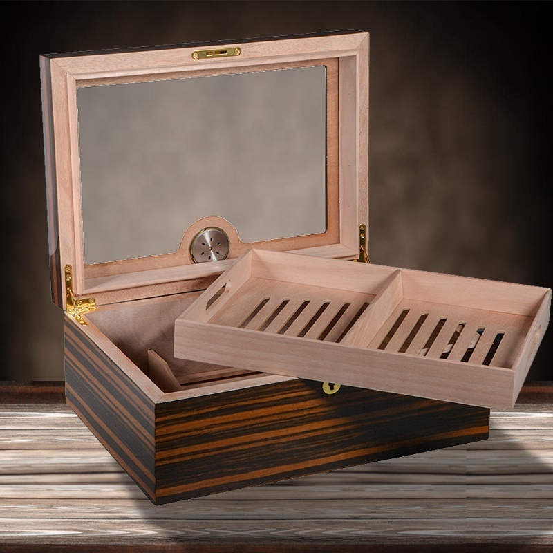 High-Quality Glass Display Window Cigar Humidor Desktop Spanish Cedar Wood Cigar Box With Hygrometer Humidifier