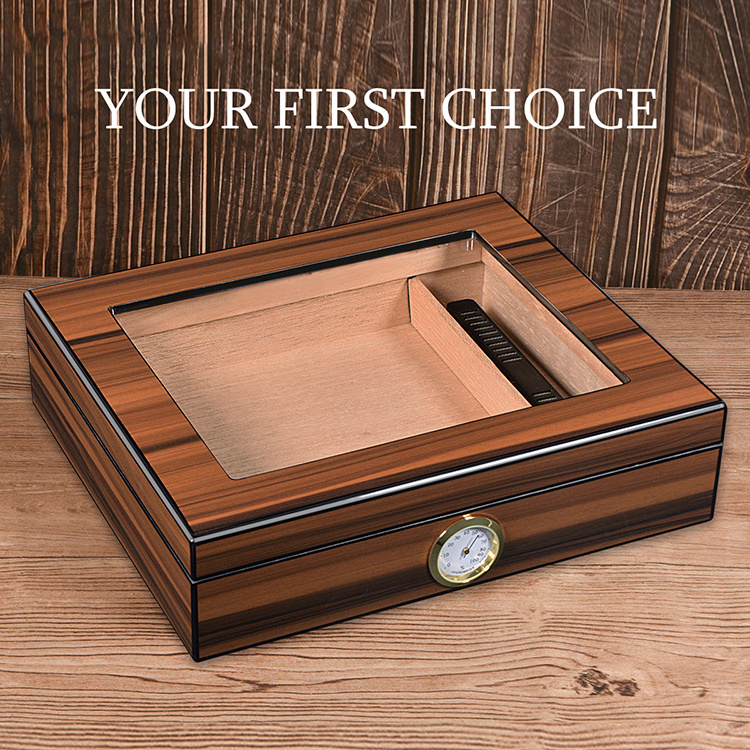 Wholesale Cigar Humidor Glass Top Cigar Box with Hygrometer Humidifier and Divider Desktop Cedar Wood Cigar Humidor Cases