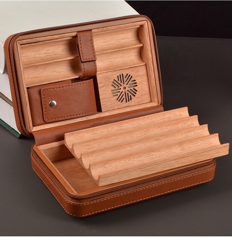 High Quality Modern Safe Leather Cigar Holder Travel Case Wood Cigar Humidor Lighter Custom Humidor Cigar Holder