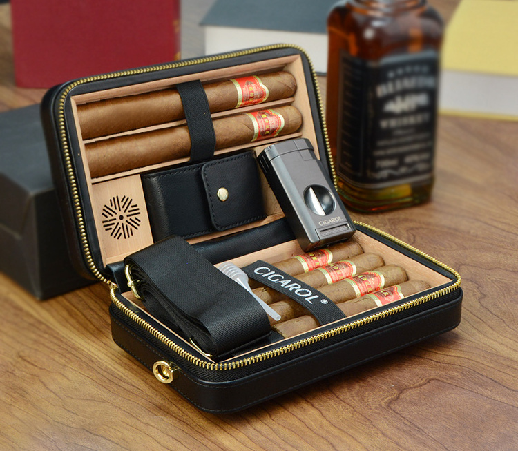 Cigar Travel Humidor Case Leather Cigar Case with Cedar Wood Lined Portable Travel Humidor Lighter and Cutter Cigar Accessory