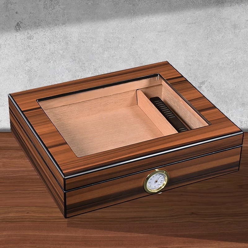 Wholesale Cigar Humidor Glass Top Cigar Box with Hygrometer Humidifier and Divider Desktop Cedar Wood Cigar Humidor Cases