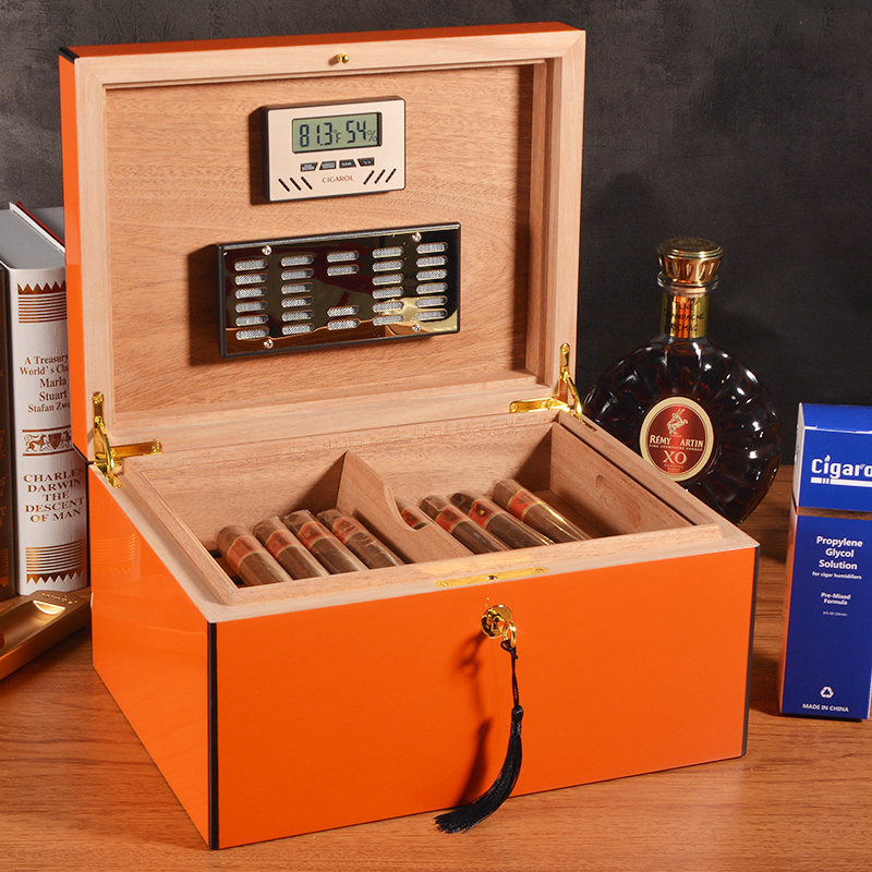 New Design Piano Paint Custom Wooden Cigar Case with Electronic Hygrometer Humidifier Lock for Cigar Storage Box Cigar Humidor