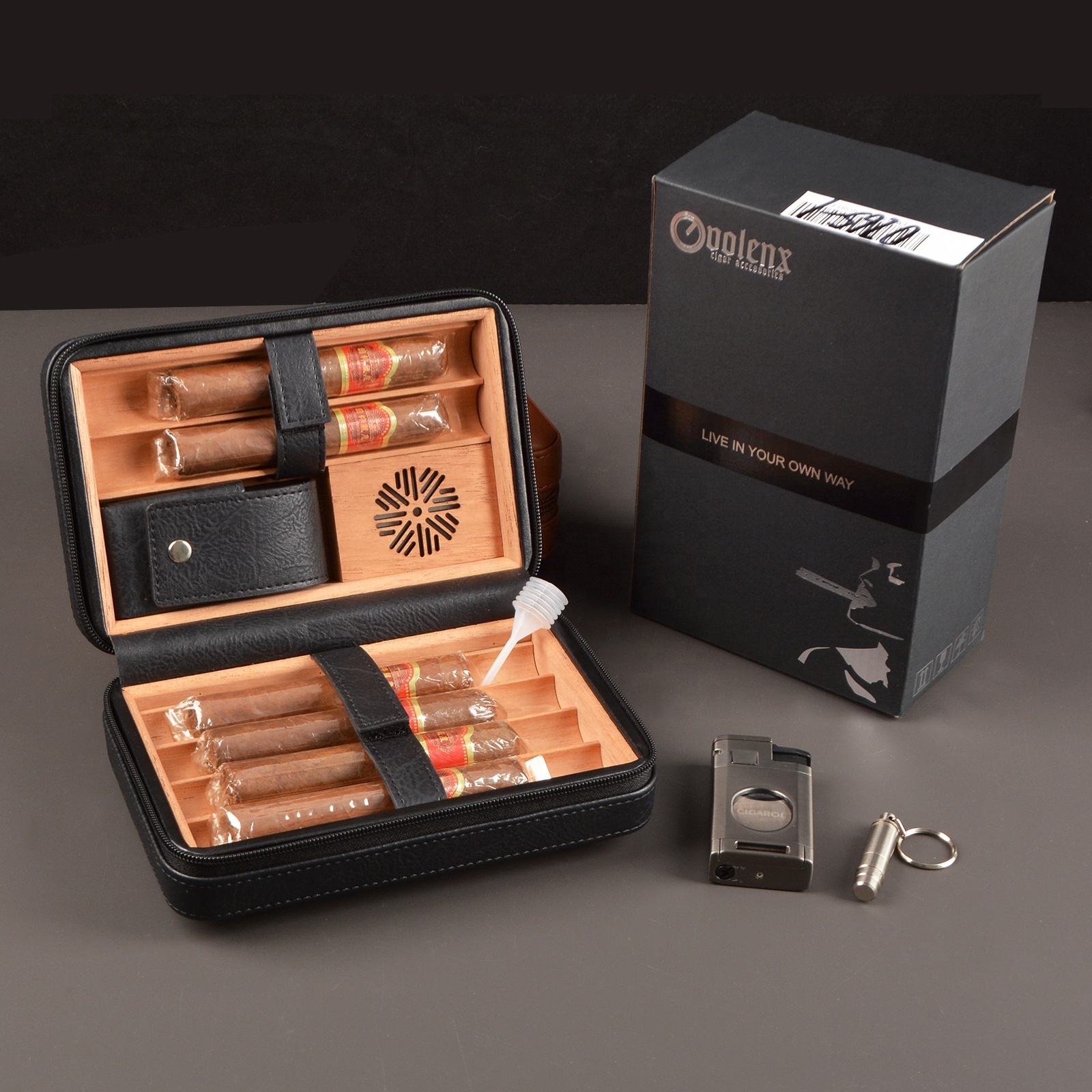 Hot Selling Customized PU Leather Spanish Cedar Wood Inside Cigar Travel Case Humidor Cigars Accessories With Lighter