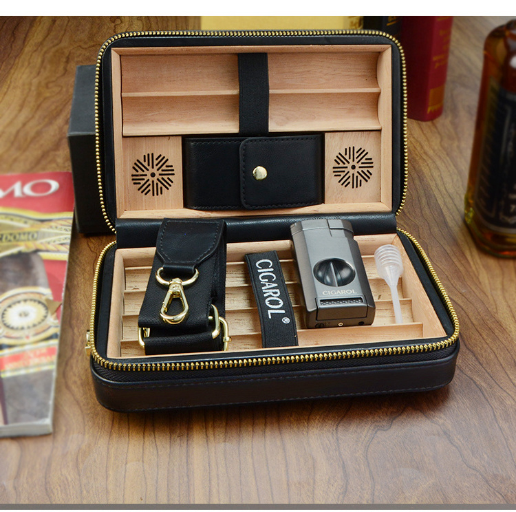 Cigar Travel Humidor Case Leather Cigar Case with Cedar Wood Lined Portable Travel Humidor Lighter and Cutter Cigar Accessory