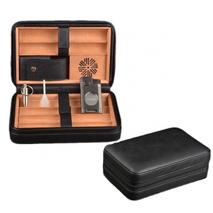 Hot Selling Customized PU Leather Spanish Cedar Wood Inside Cigar Travel Case Humidor Cigars Accessories With Lighter