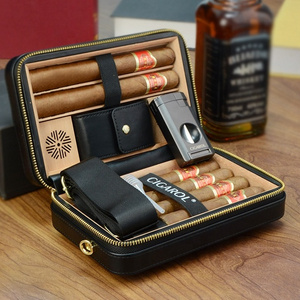 Cigar Travel Humidor Case Leather Cigar Case with Cedar Wood Lined Portable Travel Humidor Lighter and Cutter Cigar Accessory