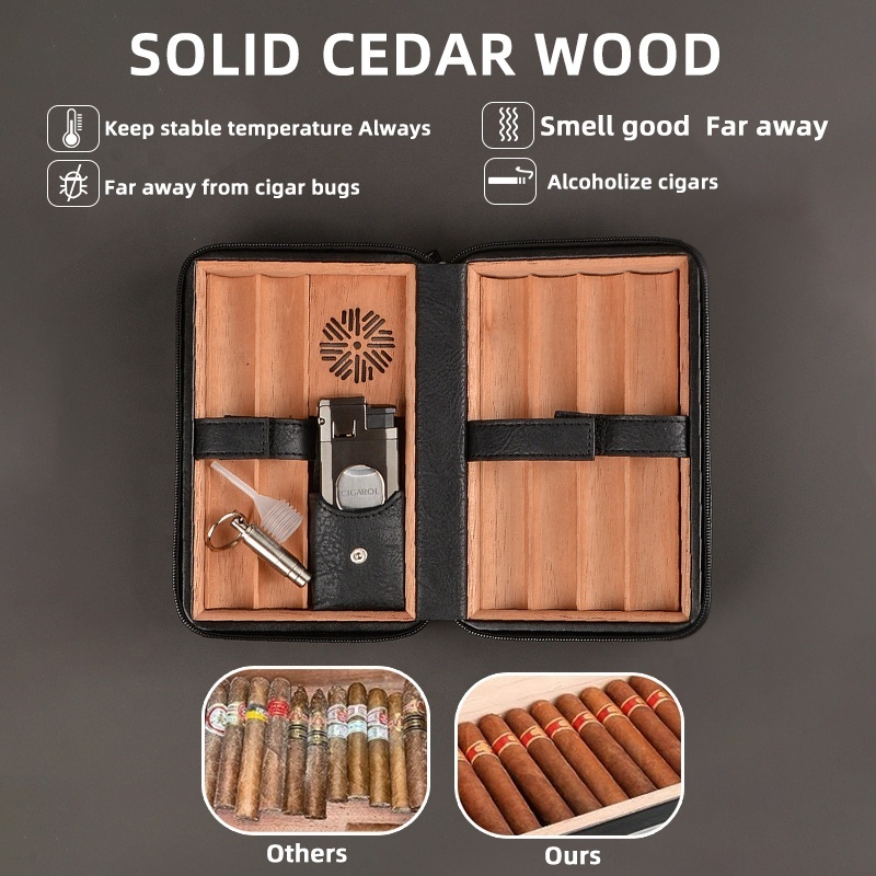 Hot Selling Customized PU Leather Spanish Cedar Wood Inside Cigar Travel Case Humidor Cigars Accessories With Lighter