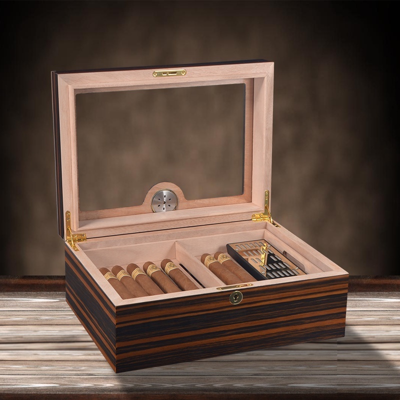 High-Quality Glass Display Window Cigar Humidor Desktop Spanish Cedar Wood Cigar Box With Hygrometer Humidifier