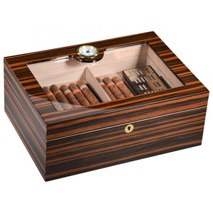 High-Quality Glass Display Window Cigar Humidor Desktop Spanish Cedar Wood Cigar Box With Hygrometer Humidifier