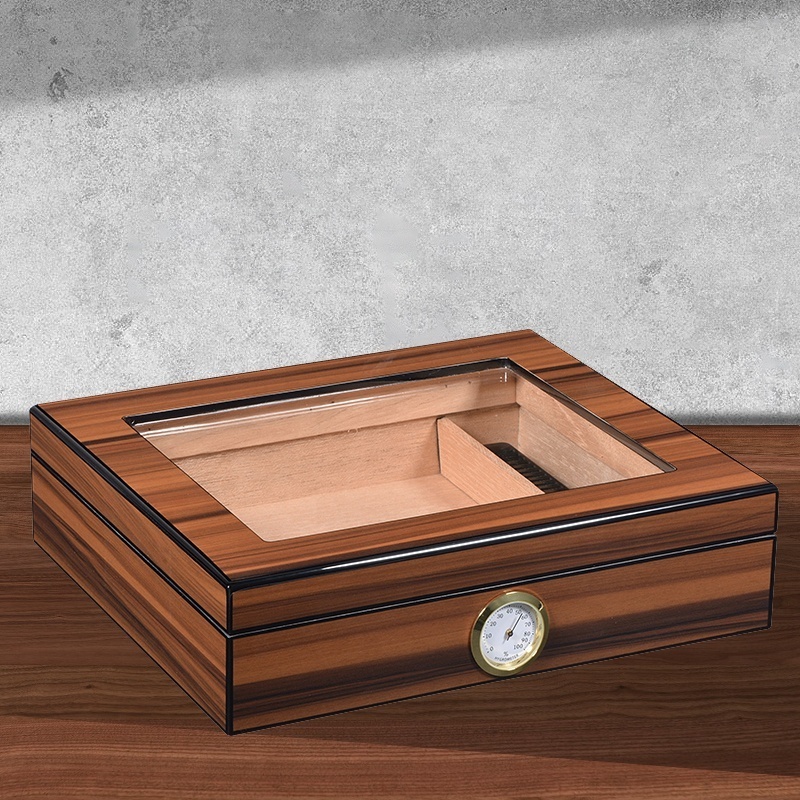 Wholesale Cigar Humidor Glass Top Cigar Box with Hygrometer Humidifier and Divider Desktop Cedar Wood Cigar Humidor Cases