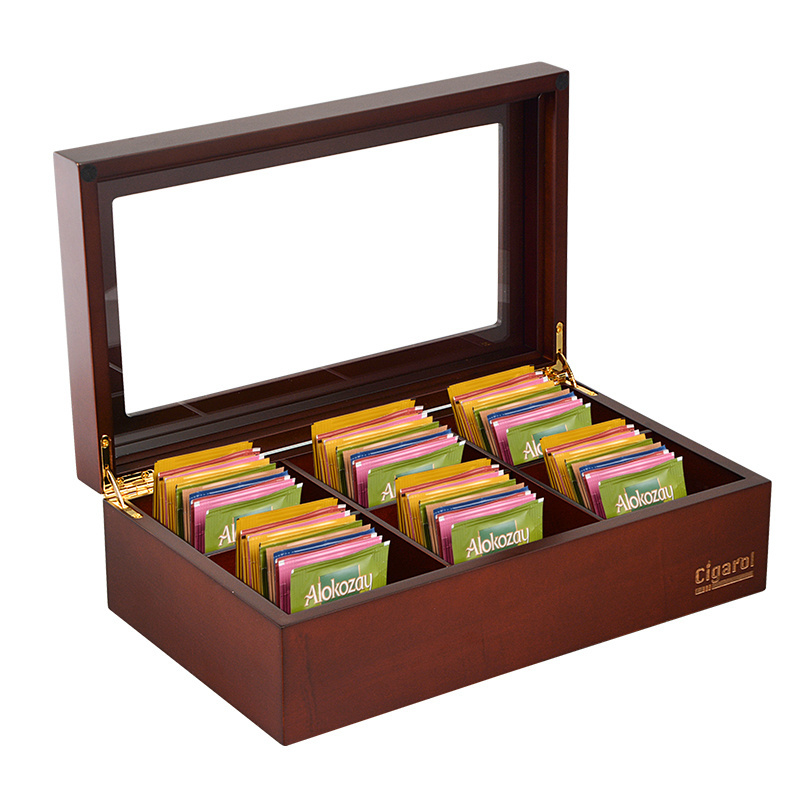 Wholesale Bamboo Lid Box Custom Storage Gift Square Packaging  Wooden Box  Luxury  6 Rigs Wooden Tea Box