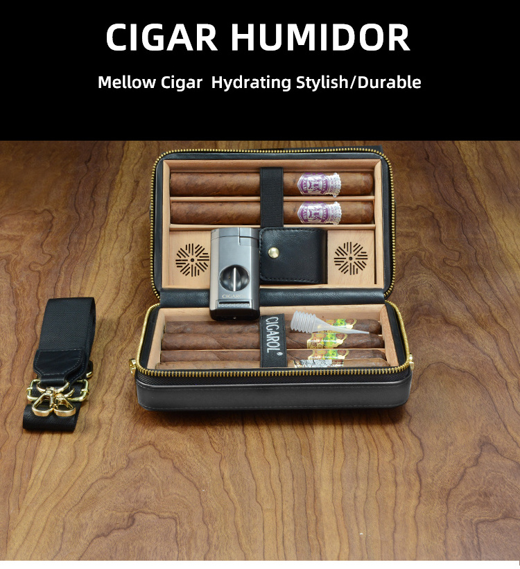 Cigar Travel Humidor Case Leather Cigar Case with Cedar Wood Lined Portable Travel Humidor Lighter and Cutter Cigar Accessory