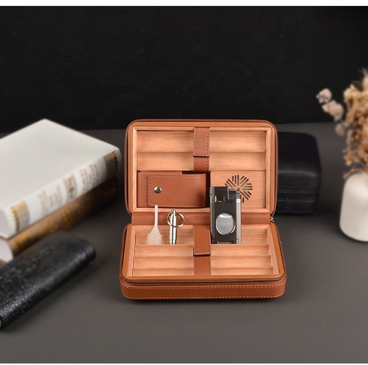 High Quality Modern Safe Leather Cigar Holder Travel Case Wood Cigar Humidor Lighter Custom Humidor Cigar Holder