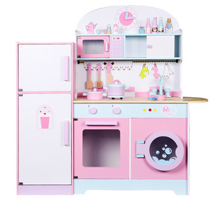 WD18023 Hot sale pink wooden large kitchen refrigerator toy for the girls pretend playing educational kitchen toys for kids