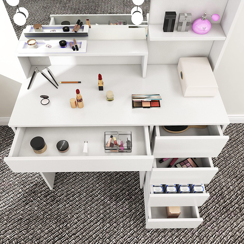 Modern Hollywood 5 Drawer Large Makeup Dresser with Pouf Rattan Dresser Set with LED Mirror and Light