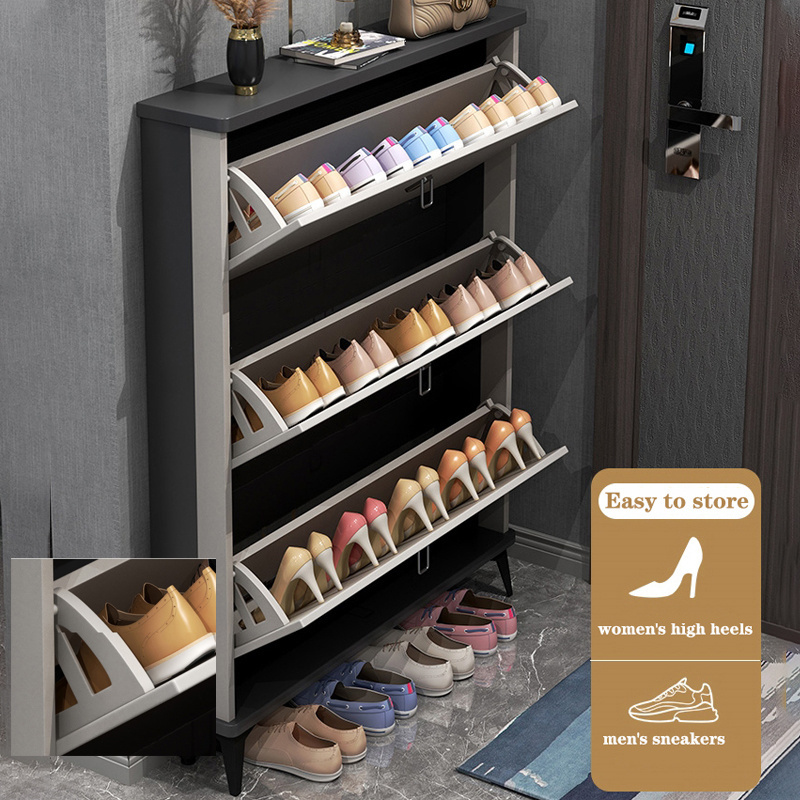 Factory wholesale corridor ultra-thin 3-layer wooden shoe cabinet with 3 lockers with flip doors