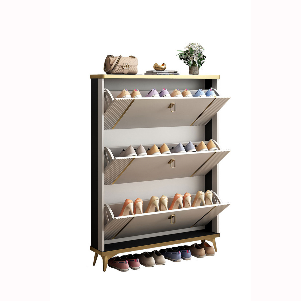 Luxury wooden rotating sliding door ultra-thin shoe storage rack living room furniture three-layer Shoe cabinet