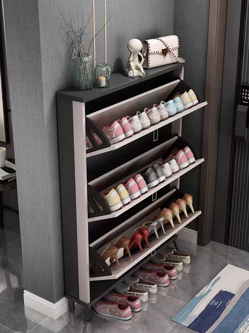 Ultra-thin Space Saving Luxury Modern Gray MDF Wooden Ultra-Thin Tumble Flip Shoe Cabinet