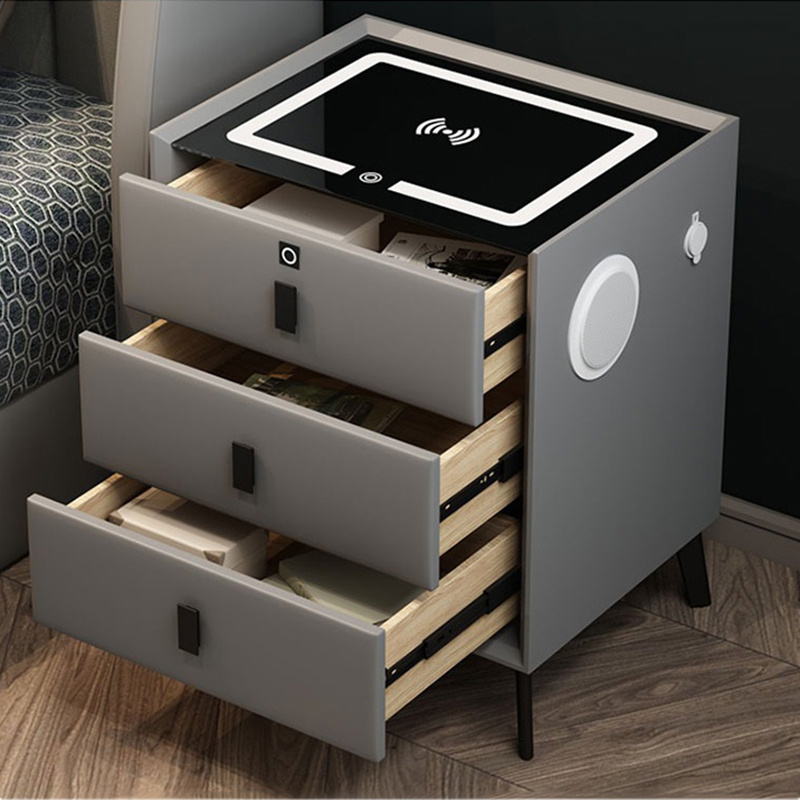 Luxury bedside table with wireless charger wooden cabinet home furniture fingerprint lock grey bedside table