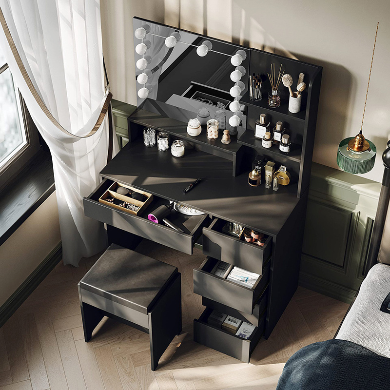 Modern Hollywood 5 Drawer Large Makeup Dresser with Pouf Rattan Dresser Set with LED Mirror and Light