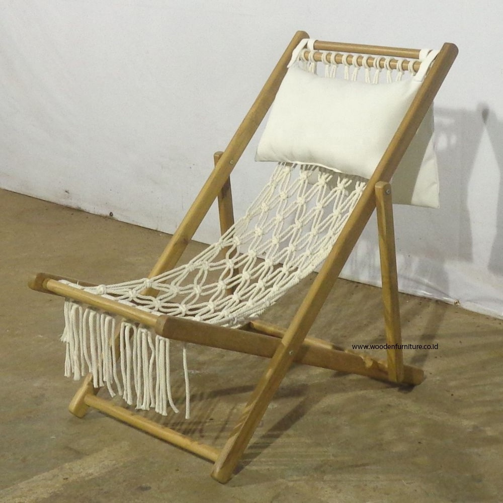 Macrame Yarn Beach Umbrella and Folding Chair with Cushion and Bag for Teak Outdoor Furniture and Beach Hotel Furniture