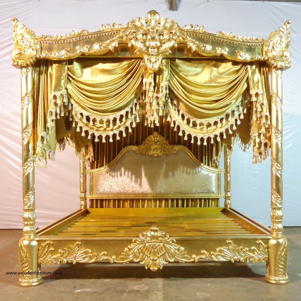 Luxury Gold Leaf Canopy Bed in Mahogany Wood with Full Carving and Curtain Designed for Royal Classic Furniture