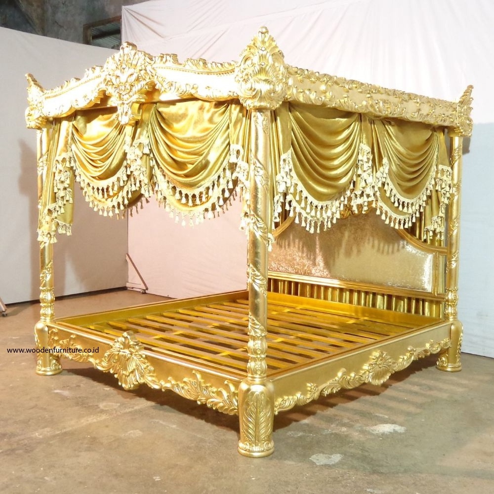 Luxury Gold Leaf Canopy Bed in Mahogany Wood with Full Carving and Curtain Designed for Royal Classic Furniture